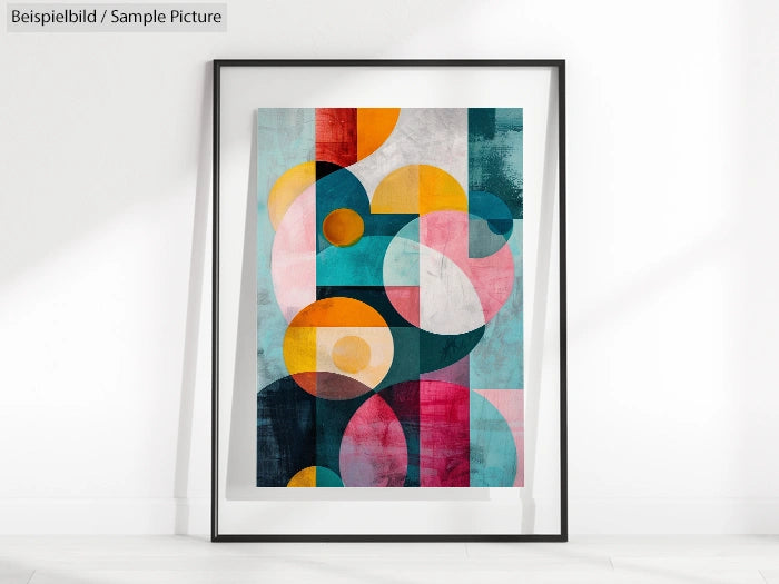 Framed abstract art with geometric shapes in teal, orange, pink, and yellow on a white wall.