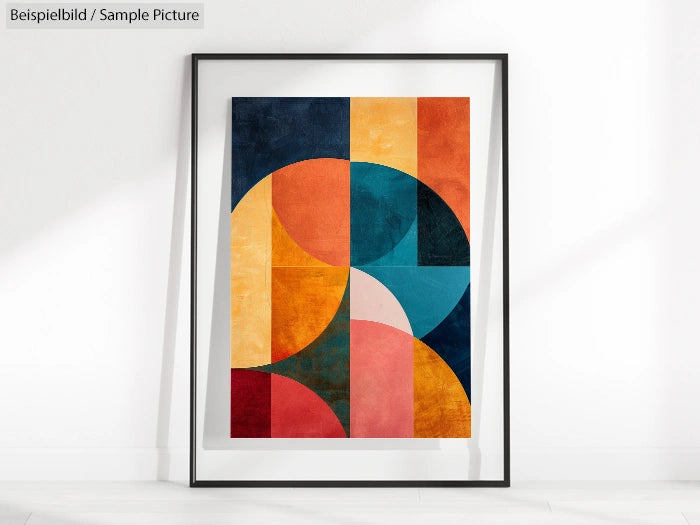 Framed abstract artwork with geometric shapes in red, blue, and yellow hues against a white wall.