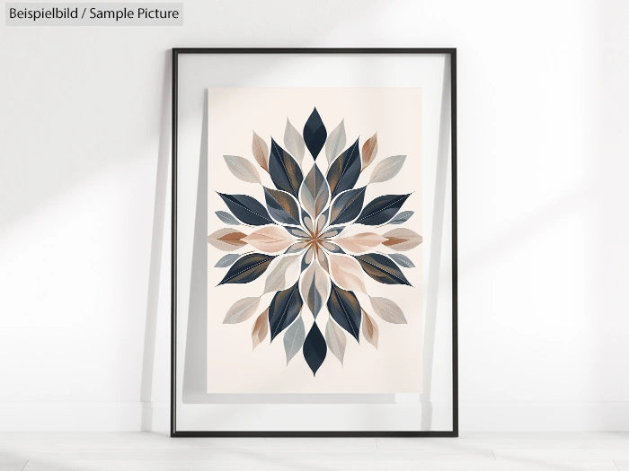 Framed geometric artwork with a symmetrical leaf motif in shades of blue and beige, displayed against a light background.