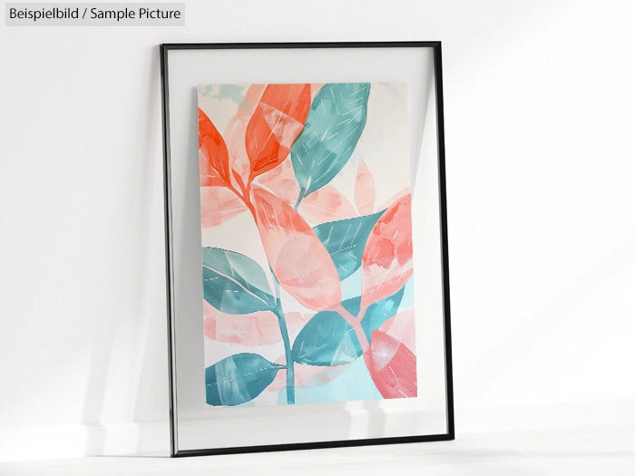 Framed abstract art print with pink and teal leaf patterns against a white background.