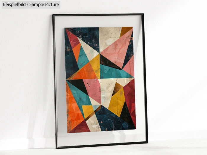 Framed geometric abstract art with colorful triangles in pink, blue, yellow, and orange on a white wall.