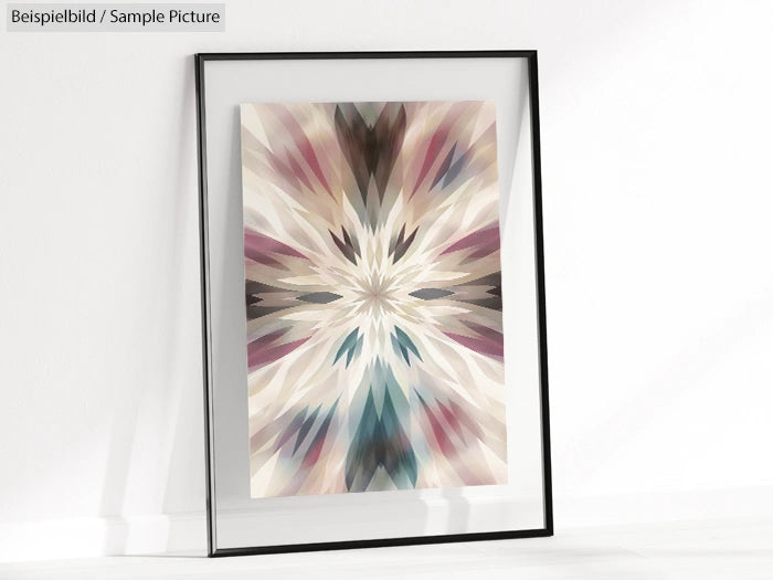 Framed abstract art with radial pattern in pastel hues against a white background.