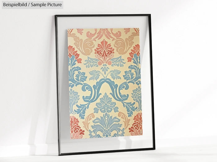 Framed art print with ornate floral patterns in blue, red, and beige on a white background.