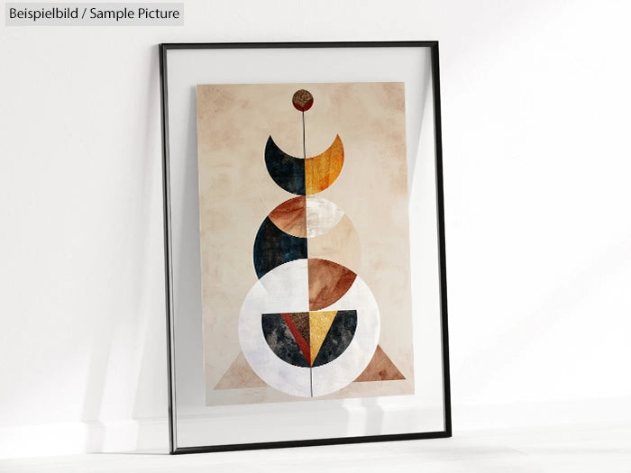 Framed abstract painting with geometric shapes in circles and semicircles, featuring earth tones and a vertical orientation.