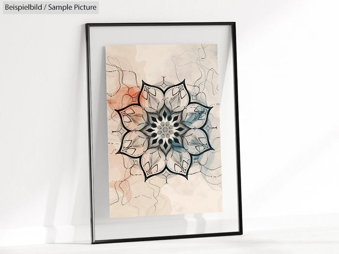 Framed artwork featuring a geometric floral mandala with abstract patterns in black, gray, and muted colors.