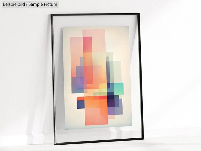 Framed abstract print with overlapping multicolored rectangles in a minimalist white space.