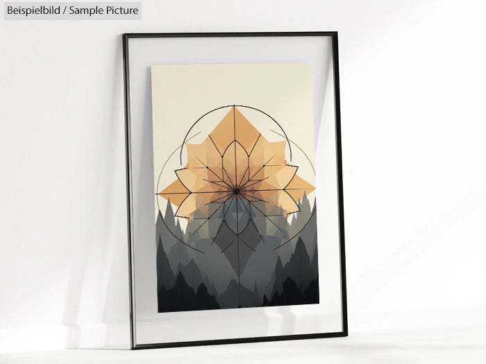 Framed geometric art print with layered orange and gray star shapes on a forest silhouette background.