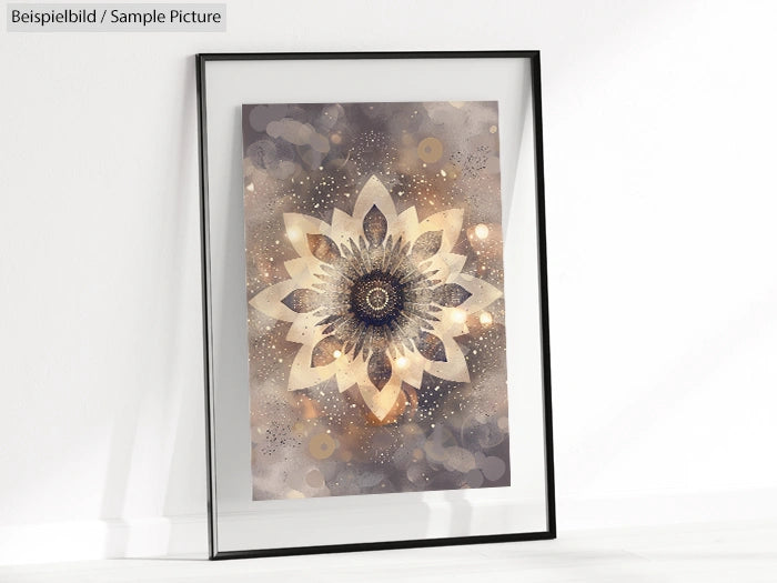 Framed abstract art with a large mandala-like design in earthy tones and a glittery effect.