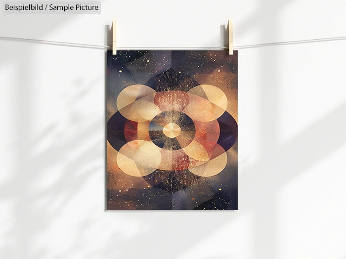 Abstract art print with overlapping geometric shapes and earthy tones, clipped on a string against a neutral wall.