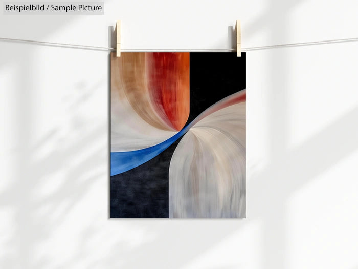 Abstract painting with intersecting curved lines in red, blue, white, and black tones, hanging against a sunny wall.