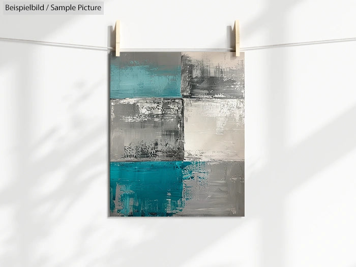 Abstract painting with teal, gray, and white blocks on a canvas, hanging from a clothesline against a light background.