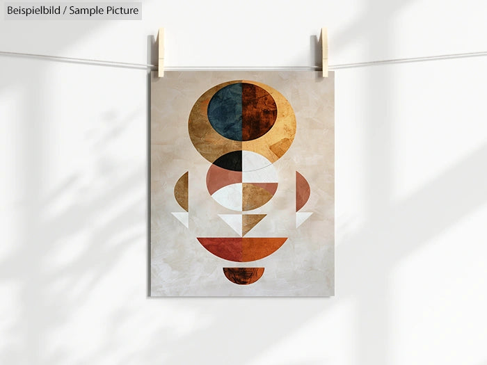 Geometric abstract art print with circular and triangular shapes in earth tones, hanging on a line with clothespins.