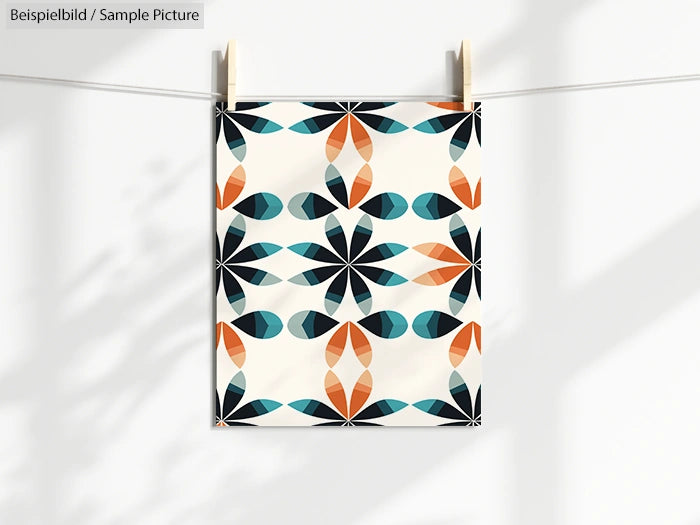 Geometric pattern print hanging on a line, featuring blue, orange, and black shapes on a white background.