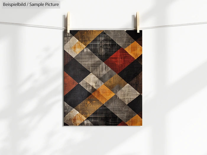 Geometric abstract art on paper clipped to a line, featuring a plaid-like pattern in orange, red, black, and grey.