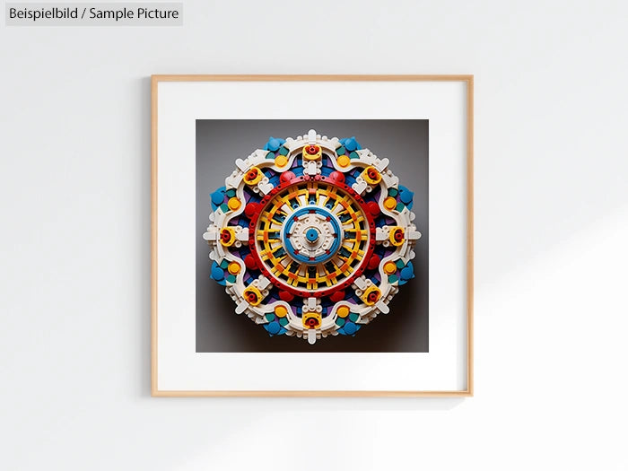 Framed geometric art with colorful circular design, featuring intricate patterns.