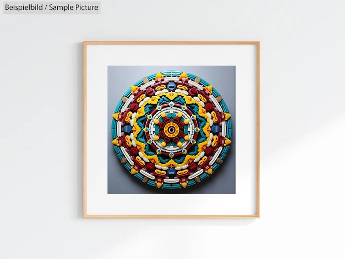 Framed artwork of a colorful geometric mandala pattern using various small objects.