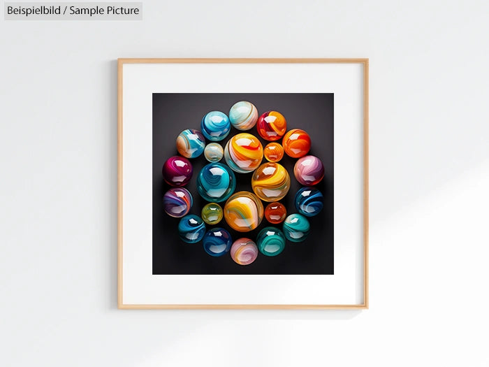 Framed artwork with colorful, glossy spheres arranged in a circular pattern on a dark background.