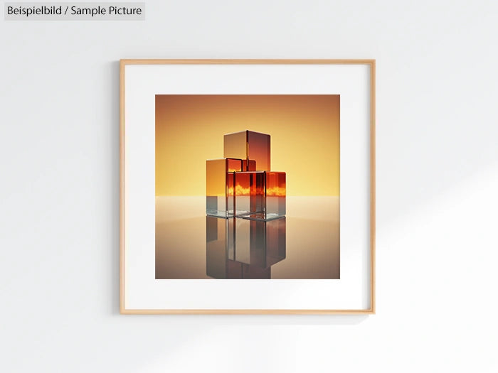 Framed abstract art with reflective glass cubes on a warm gradient background.