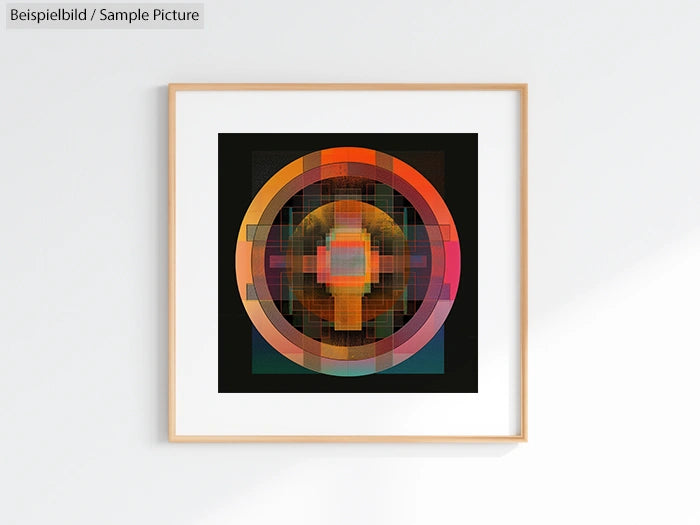 Framed geometric abstract artwork with vibrant circular patterns and colorful gradients on a white wall.