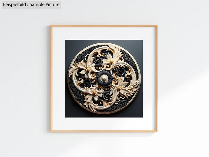 Framed artwork featuring an ornate, circular gold and black design with intricate floral patterns on a wall.