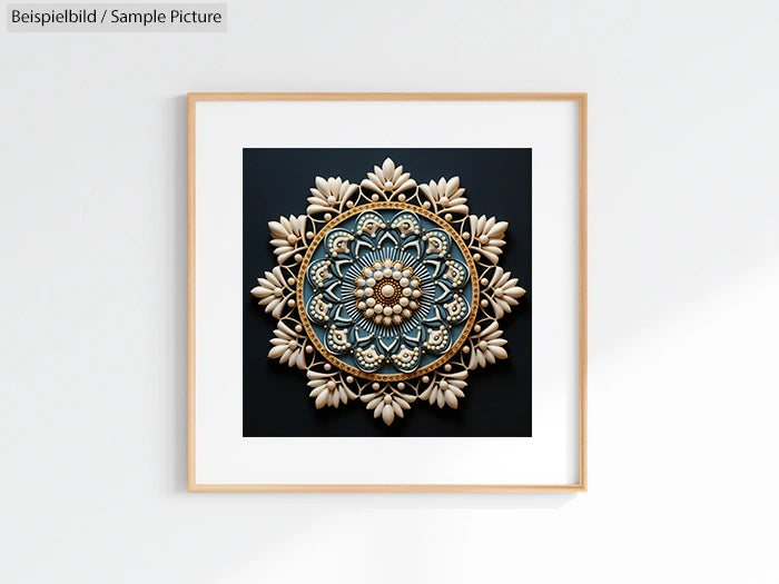 Framed mandala art with intricate blue and beige floral pattern.