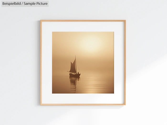 Framed sepia-toned photo of a sailboat on calm water, hanging on a white wall.