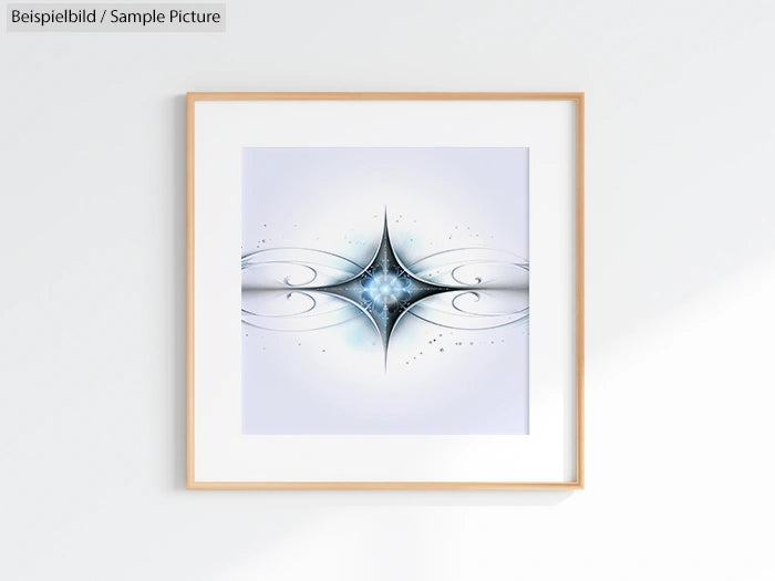 Framed abstract art with star-shaped design in blue and white on a white wall.