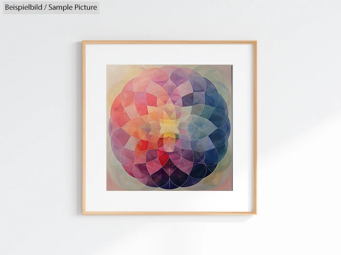 Abstract circular artwork with overlapping colorful geometric shapes in a wooden frame on a white wall.