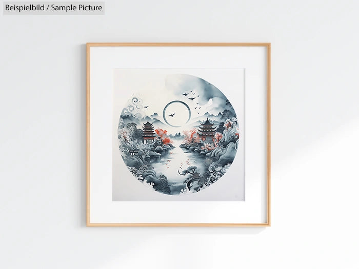 Framed circular art with Asian landscape, featuring temples, misty mountains, and flying birds, in soft watercolor hues.