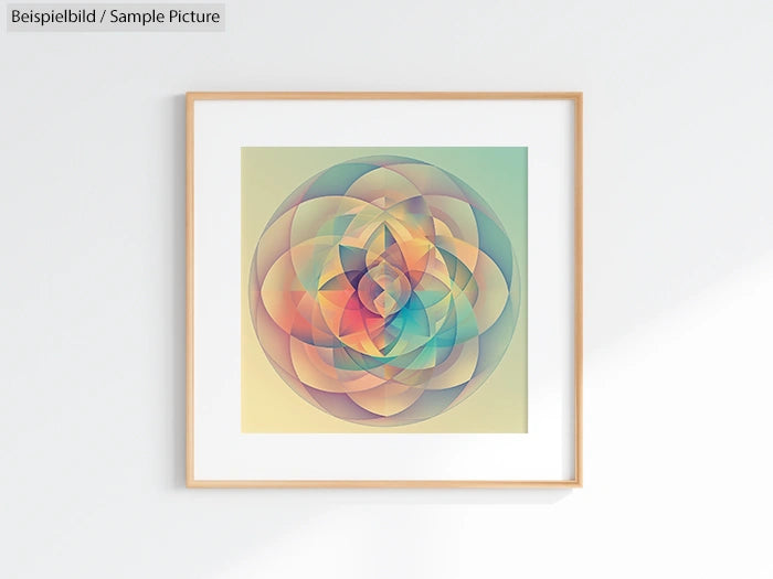 Abstract geometric art in pastel hues, framed and hung on a light-colored wall.