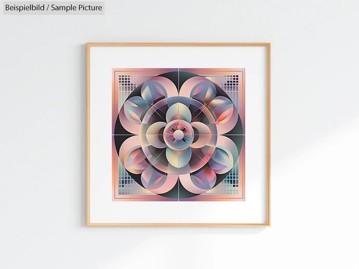 Framed geometric art with circular and petal-like shapes in pastel colors, displayed on a white wall.