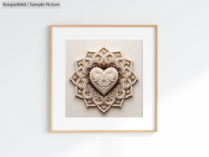 Framed artwork of layered paper heart design with intricate patterns in neutral tones.