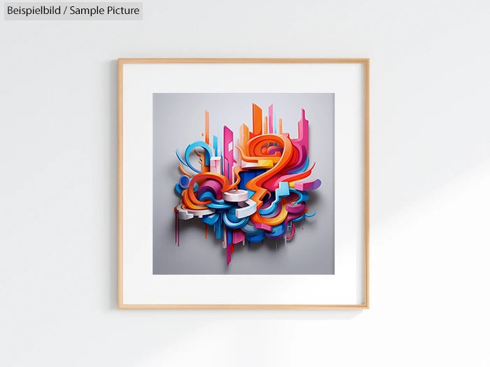 Framed abstract artwork with vibrant 3D geometric shapes in orange, pink, and blue hues on a gray background.