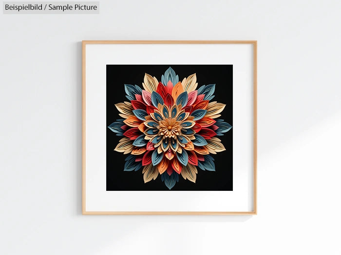 Colorful floral paper art sculpture in a wooden frame on a light wall.