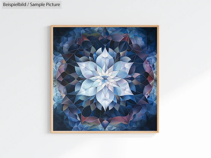 Geometric abstract art with a central white flower-like shape surrounded by blue and purple patterns.