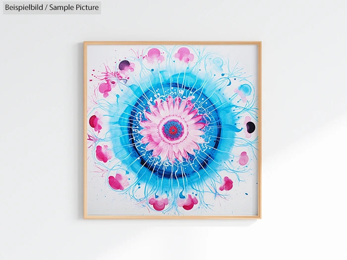 Colorful mandala artwork with pink and blue floral patterns framed on a white wall.