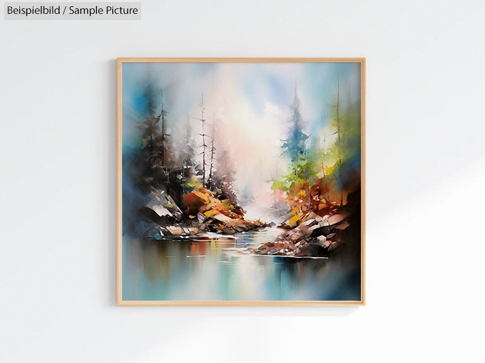 Framed impressionist painting of a serene river landscape with trees and vibrant colors.