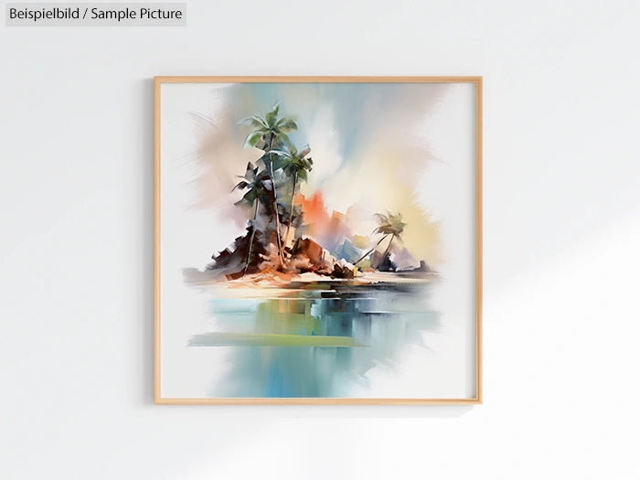 Framed painting of a tropical island with palm trees and watercolor reflections on a serene body of water.