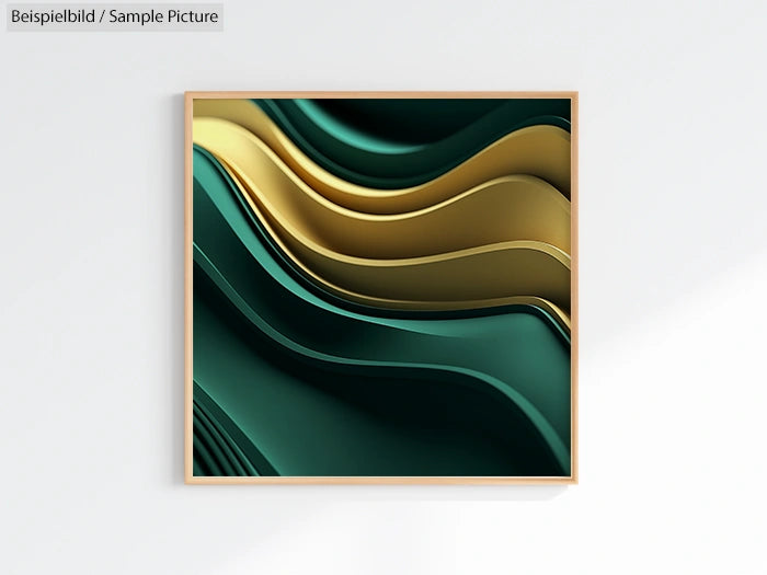 Abstract art with layered green and gold waves in a wooden frame against a light gray background.