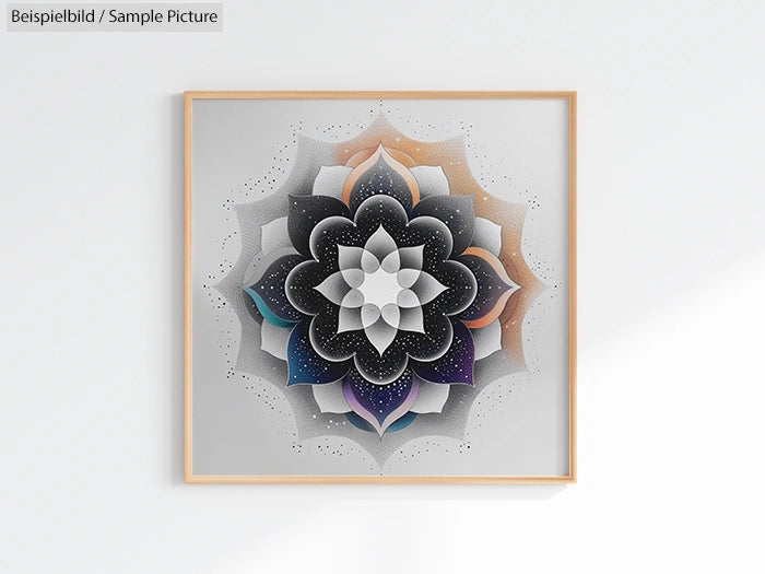 Framed geometric mandala art with layered petals in black, gray, and tan on a white background.