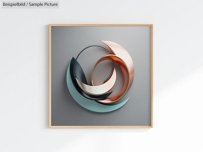 Framed abstract art with overlapping crescents in muted tones on a gray background.