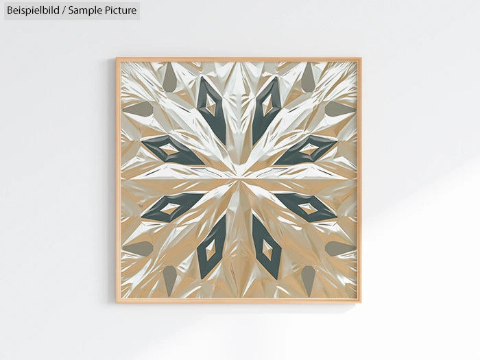 Framed abstract artwork with symmetrical patterns in silver, gold, and green hues.