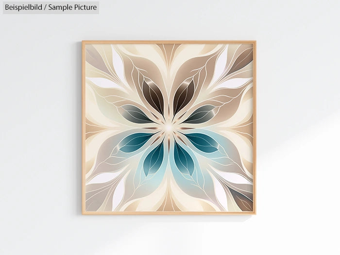 Abstract floral pattern with beige, white, and blue petals in a wooden square frame on a light background.