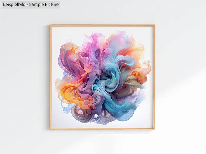 Colorful abstract artwork with swirling hues of purple, blue, and orange, framed and displayed on a white wall.