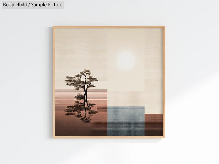 Framed minimalist artwork with a tree silhouette and geometric patterns in earthy tones.