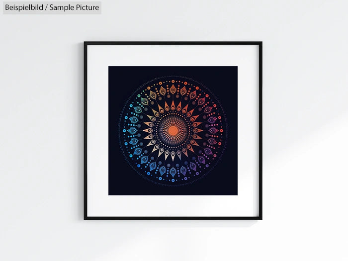 Framed artwork displaying a colorful geometric mandala pattern on a dark background.