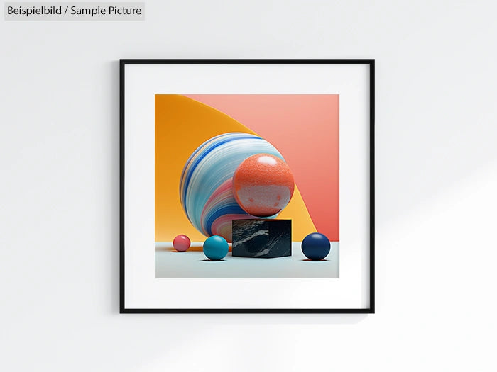 Framed abstract artwork with colorful spheres and a large orange planet on a vibrant orange and pink background.