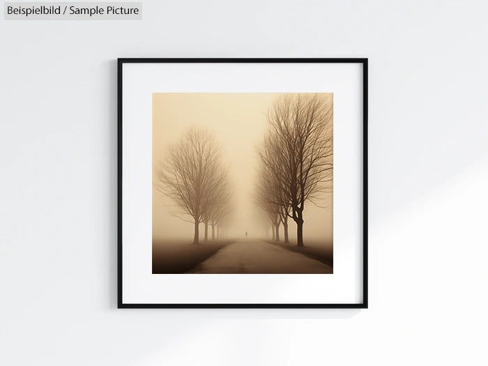 Framed sepia photograph of a misty path lined with bare trees, featuring a solitary figure in the distance.