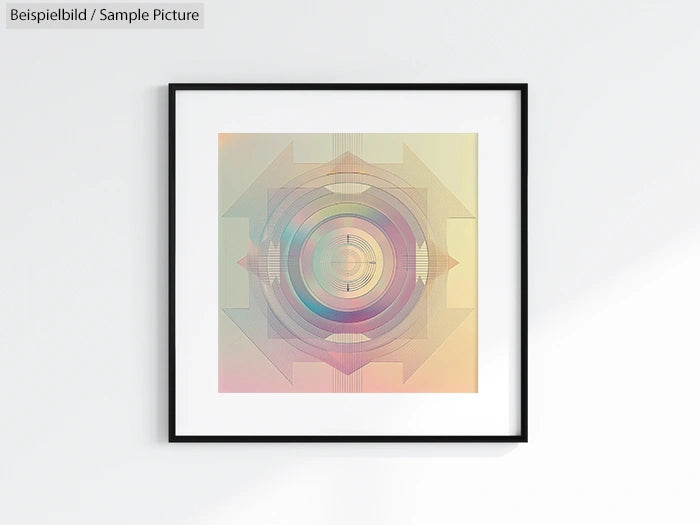 Framed abstract geometric artwork with pastel colors on a white wall.