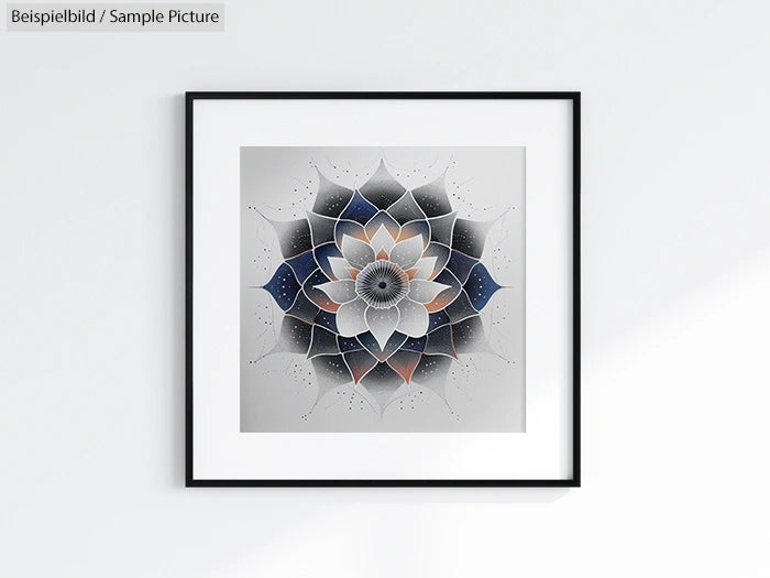 Framed geometric mandala artwork with star-shaped patterns in grayscale and blue tones.